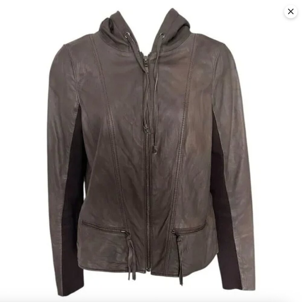 Hinge Brown Leather Hooded Moto Jacket Womens XXS Buttery Soft